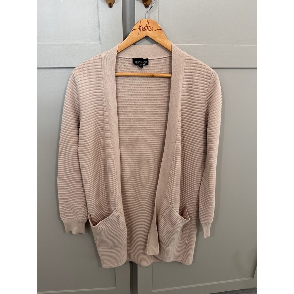 Topshop Womens Ribbed Open Front Cardigan Pink Longline Pocket Sweater US 2 UK 6
